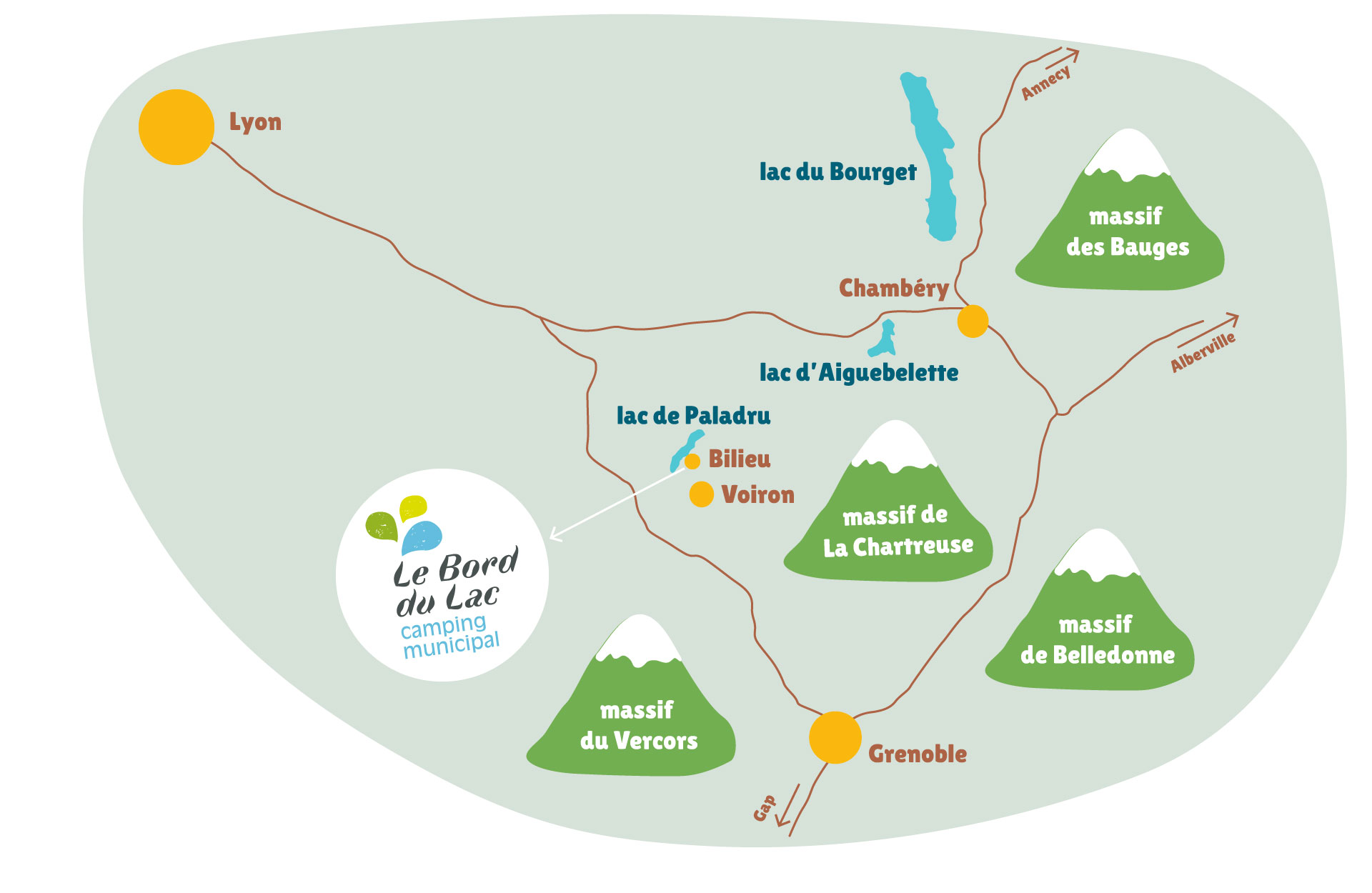 Plan d'accès au camping camping municipal de la commune de Bilieu, Le bord Du Lac, depuis Lyon, Chambéry et Grenoble.