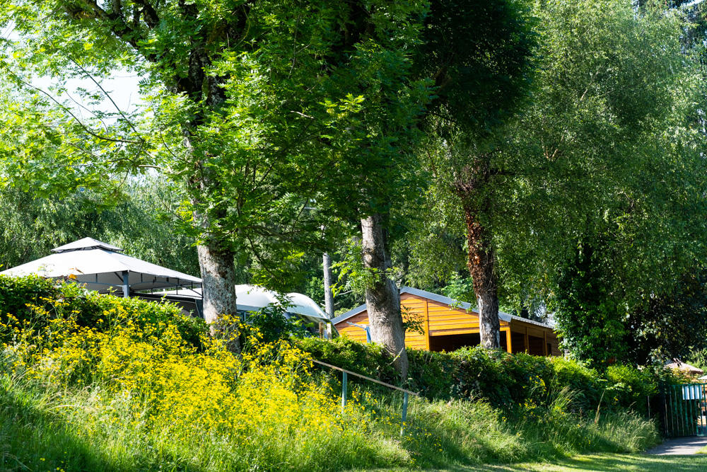 Vue des chalets en bois en location à la semaine au camping. Très arborés et végétalisés.